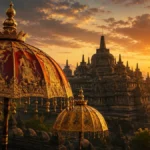 payung kerajaan tradisional indonesia dengan ukiran emas dan motif batik di depan candi borobudur