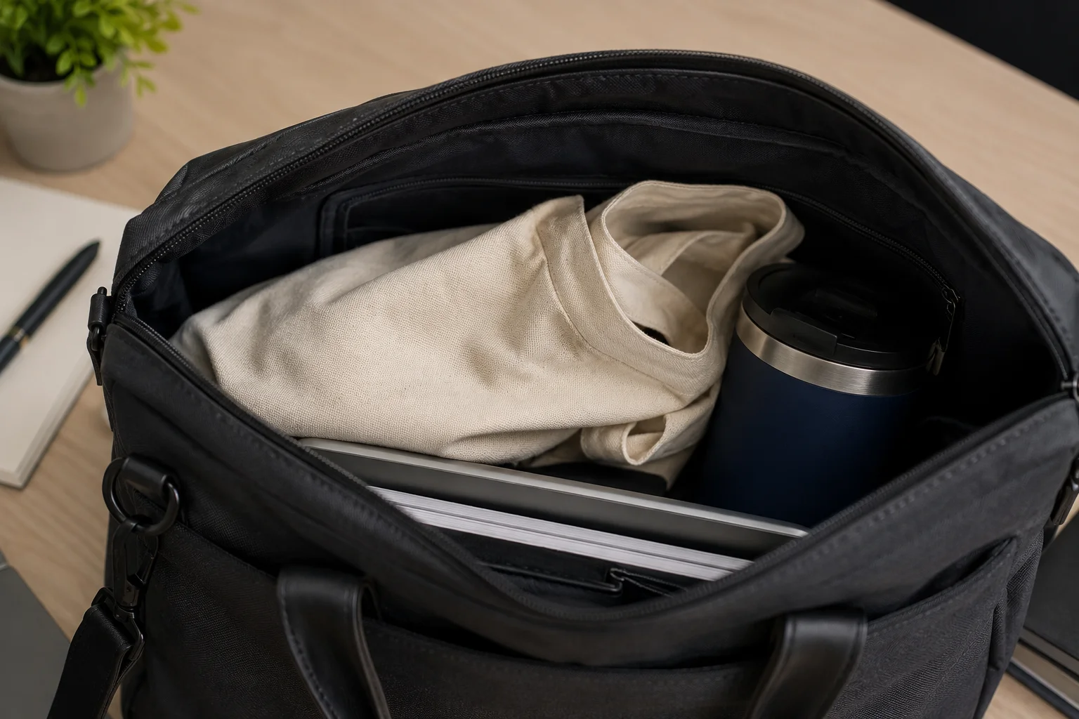 Tote bag dan tumbler merchandise dengan visibilitas terbatas saat disimpan