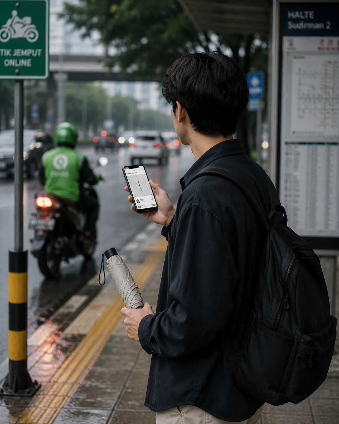 Payung tetap dibutuhkan saat menunggu transportasi online di tengah hujan