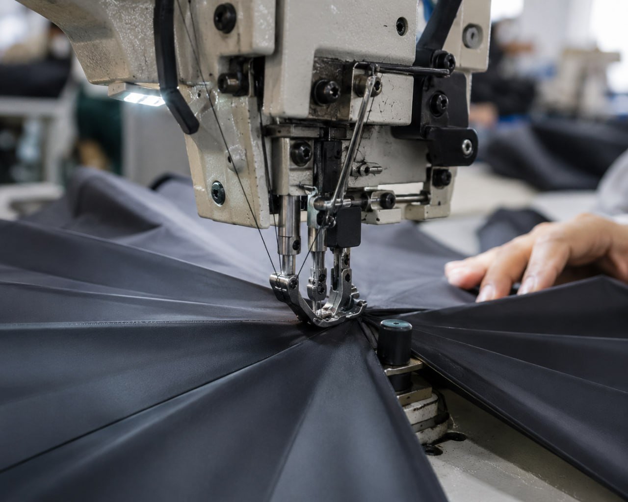 Proses produksi payung di pabrik Indonesia — pemotongan kain polyester