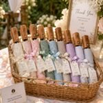 Payung lipat pastel sebagai wedding favors di keranjang dengan tag Thank You