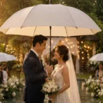 Pengantin berdiri di bawah payung golf ivory di acara pernikahan outdoor garden dengan golden hour lighting