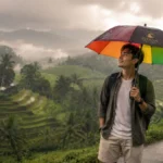 Traveler menggunakan payung lipat compact saat hujan di destinasi outdoor Indonesia