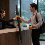 Stok payung darurat tersusun rapi di rak kantor untuk karyawan yang kehujanan