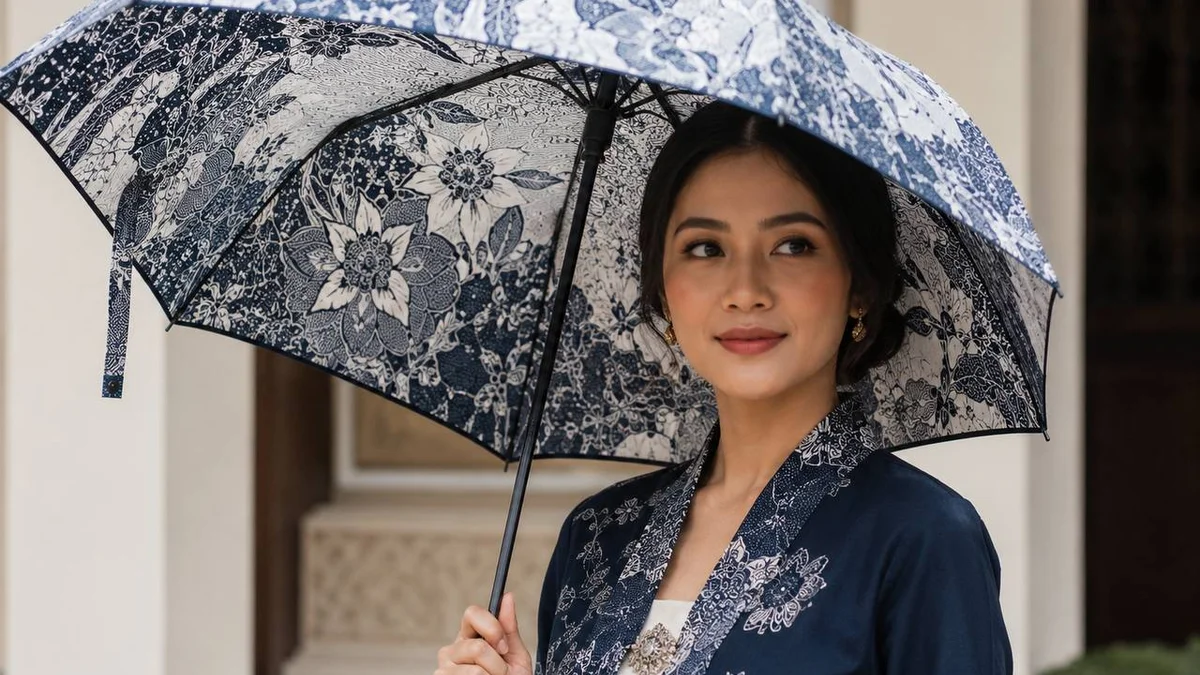 Payung batik modern monochrome navy dan white dipegang wanita Indonesia dengan outfit traditional-modern
