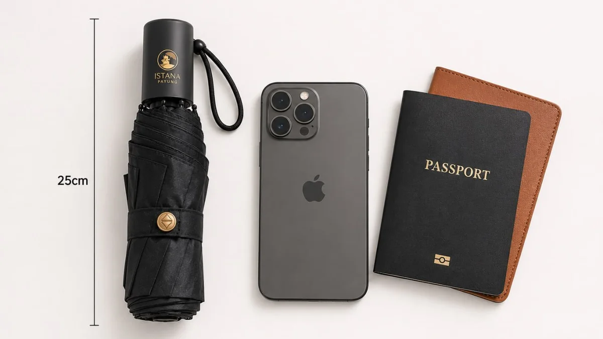 Payung lipat compact hitam di samping iPhone dan passport, menunjukkan ukuran praktis untuk travel