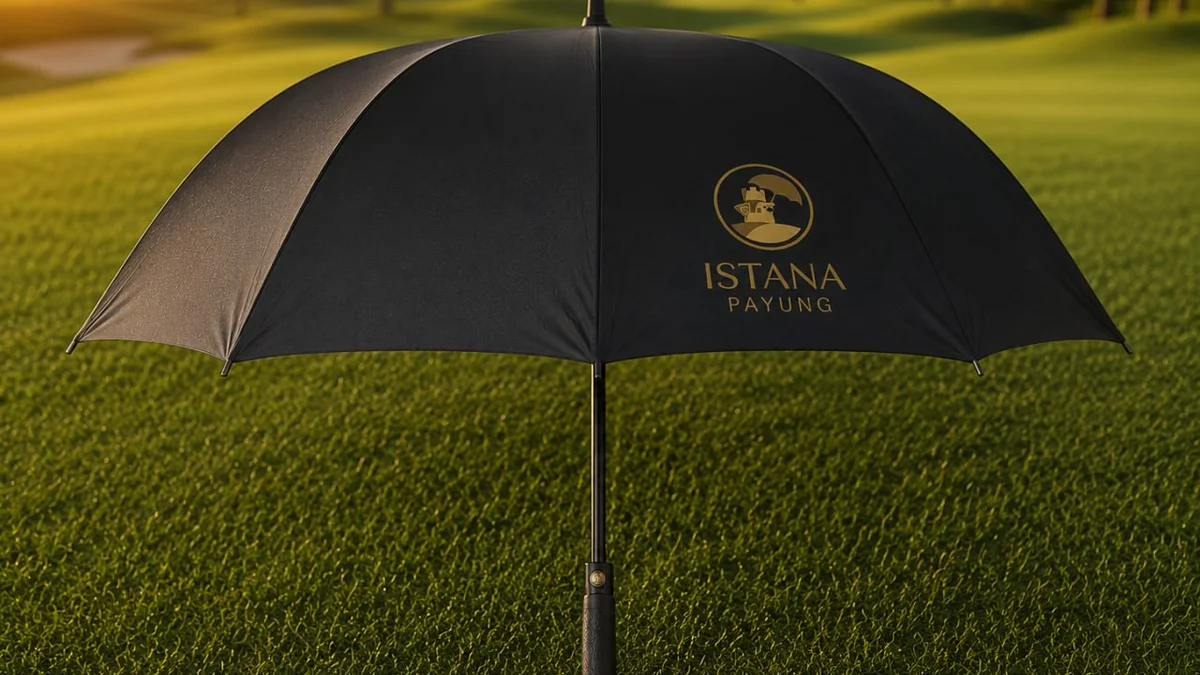 Payung golf hitam premium dengan logo Istana Payung di lapangan hijau