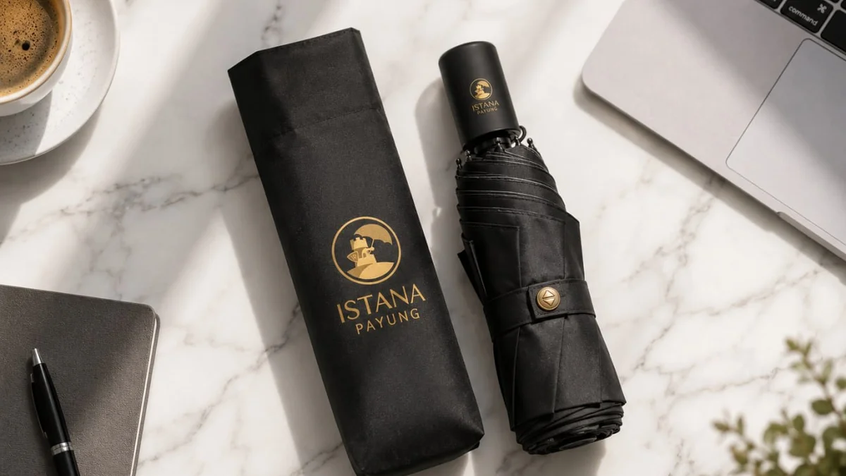 Payung lipat compact dengan pouch custom di meja kerja elegan