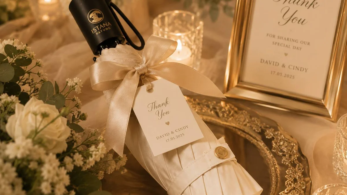 Payung golf ivory sebagai wedding favor dengan custom ribbon dan thank-you tag di meja dekorasi
