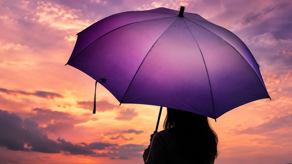 Payung gradient ombre purple ke lavender dengan latar sunset sky dan silhouette