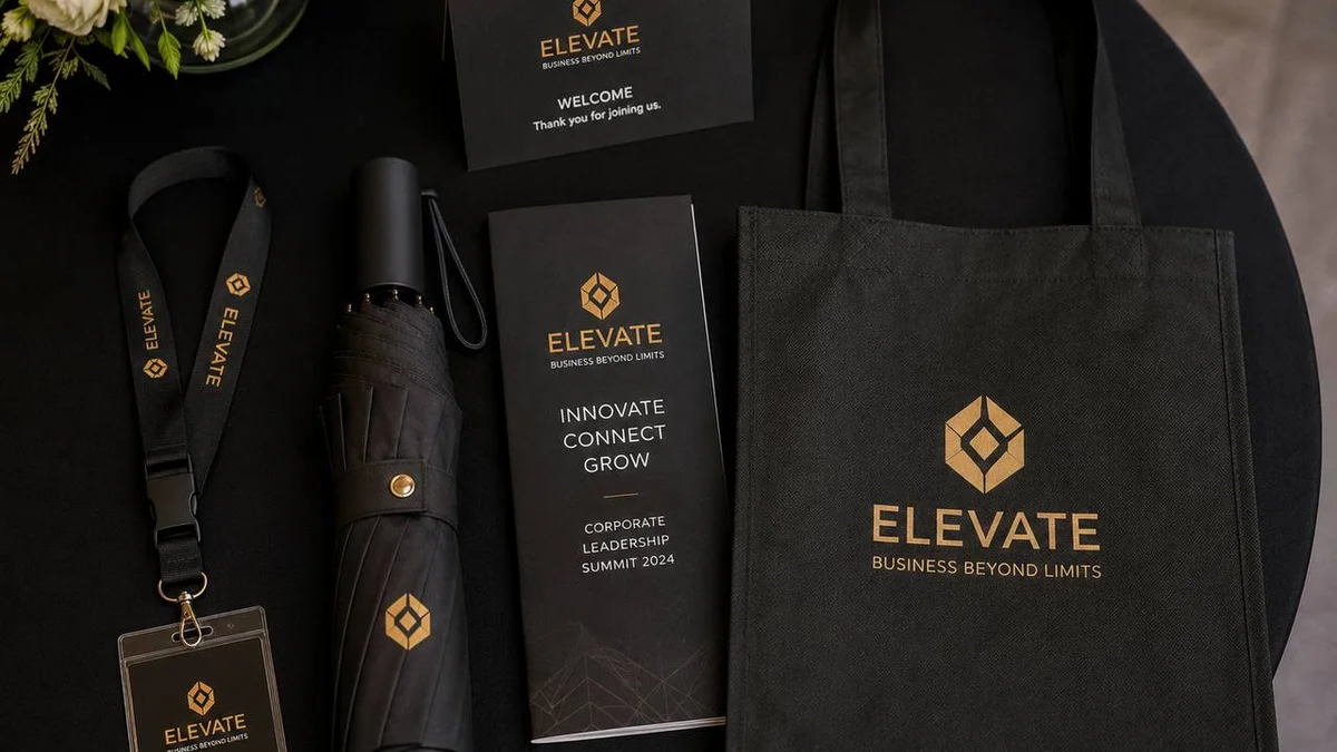 Event welcome kit dengan payung compact branded, lanyard, brosur, dan tote bag di meja conference
