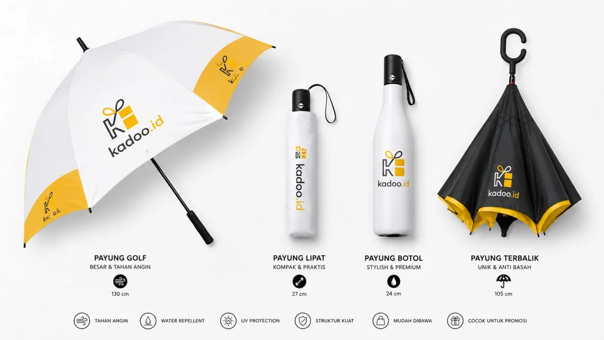 Jenis payung custom untuk booth event: golf jumbo, lipat, botol, dan tebalik