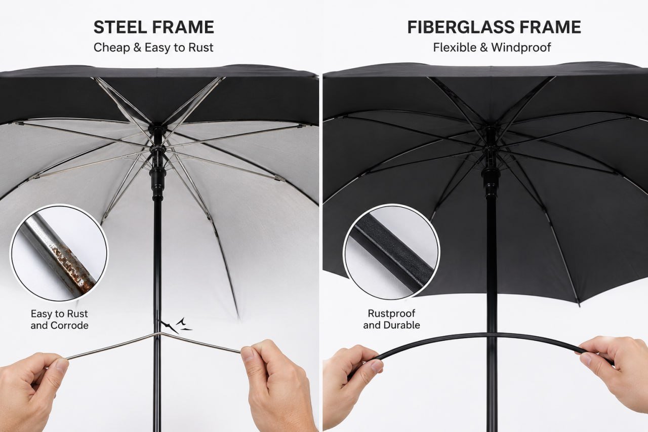 perbandingan rangka payung golf steel vs fiberglass