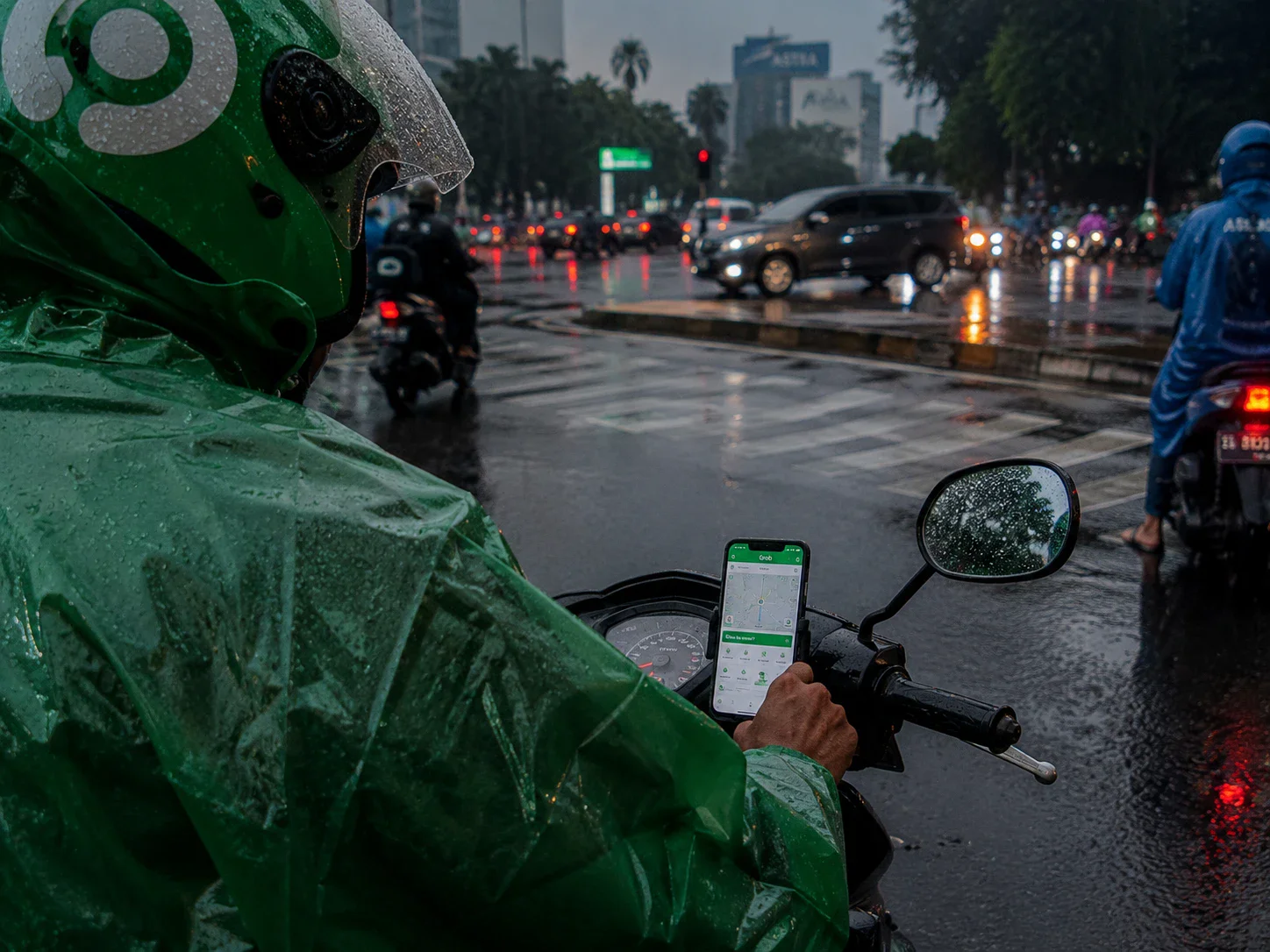 Pengendara Ojek Online Memakai Jas Hujan di Jakarta