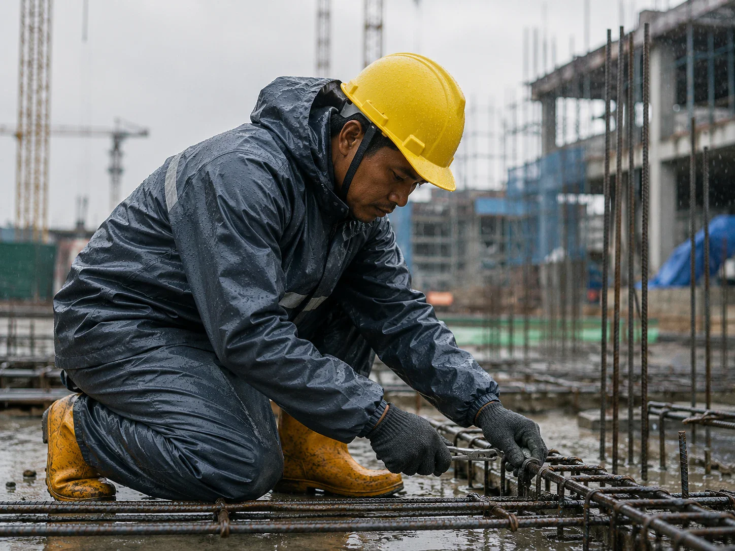 Pekerja Proyek Memakai Jas Hujan Setelan