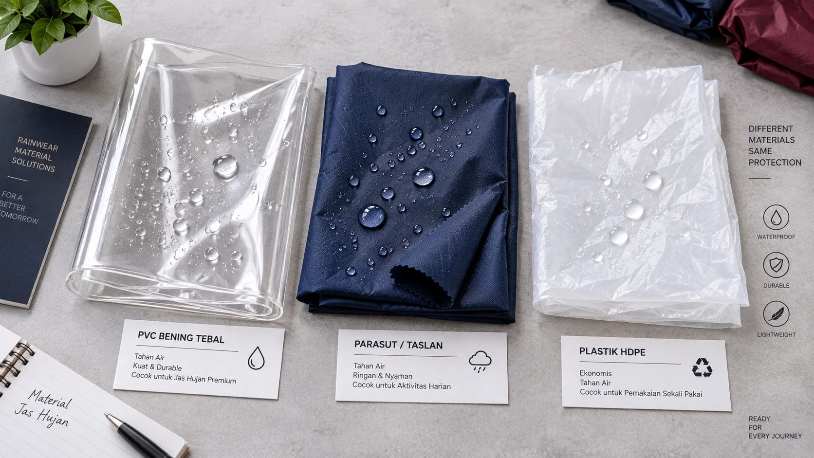 Perbandingan Bahan Jas Hujan PVC Parasut Taslan